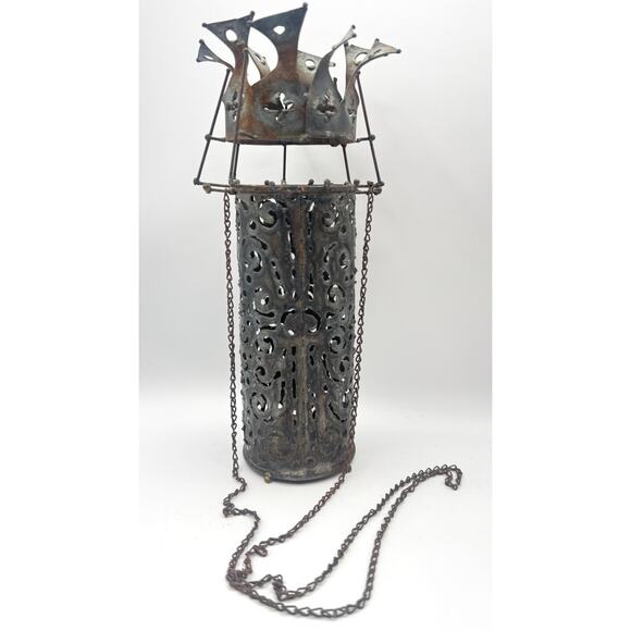 Vintage Punched Tin Hanging Lantern Brutalist Medieval Rustic 9.5" Chain Metal - Picture 2 of 16